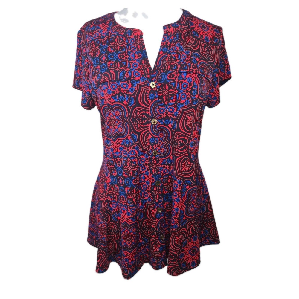 Dana Buchman Red Paisley Stretch Knit Peplum Button Up Blouse‎ Top Size Medium M